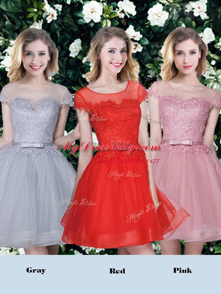 Red and Pink and Grey A-line Scoop Short Sleeves Tulle Mini Length Lace Up Appliques and Belt Damas Dress