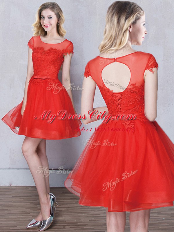 Red and Pink and Grey A-line Scoop Short Sleeves Tulle Mini Length Lace Up Appliques and Belt Damas Dress