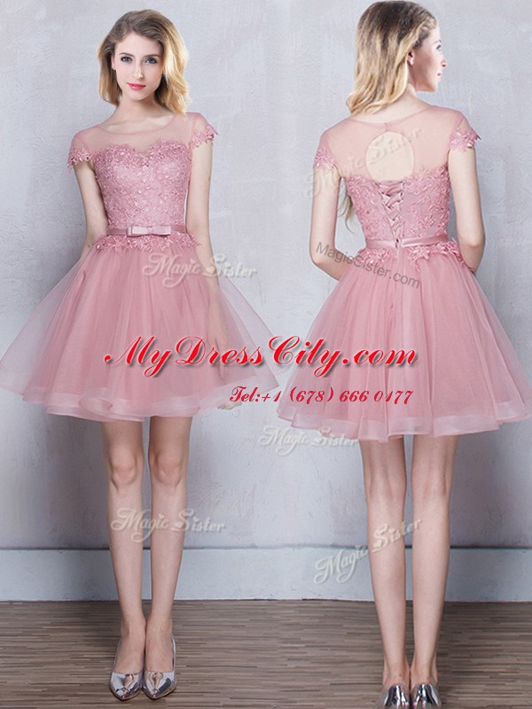 Red and Pink and Grey A-line Scoop Short Sleeves Tulle Mini Length Lace Up Appliques and Belt Damas Dress