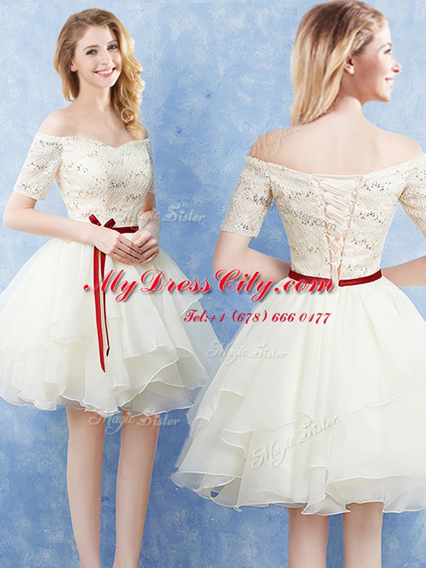 Off the Shoulder Organza Short Sleeves Mini Length Quinceanera Court Dresses and Lace and Ruffles and Belt