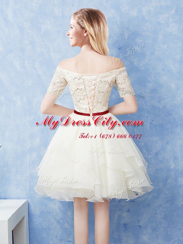 Off the Shoulder Organza Short Sleeves Mini Length Quinceanera Court Dresses and Lace and Ruffles and Belt