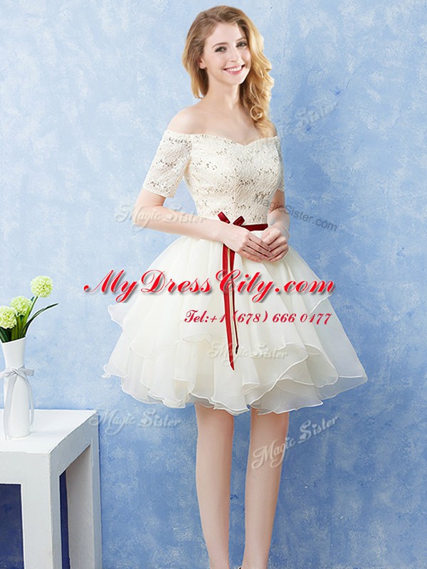 Off the Shoulder Organza Short Sleeves Mini Length Quinceanera Court Dresses and Lace and Ruffles and Belt