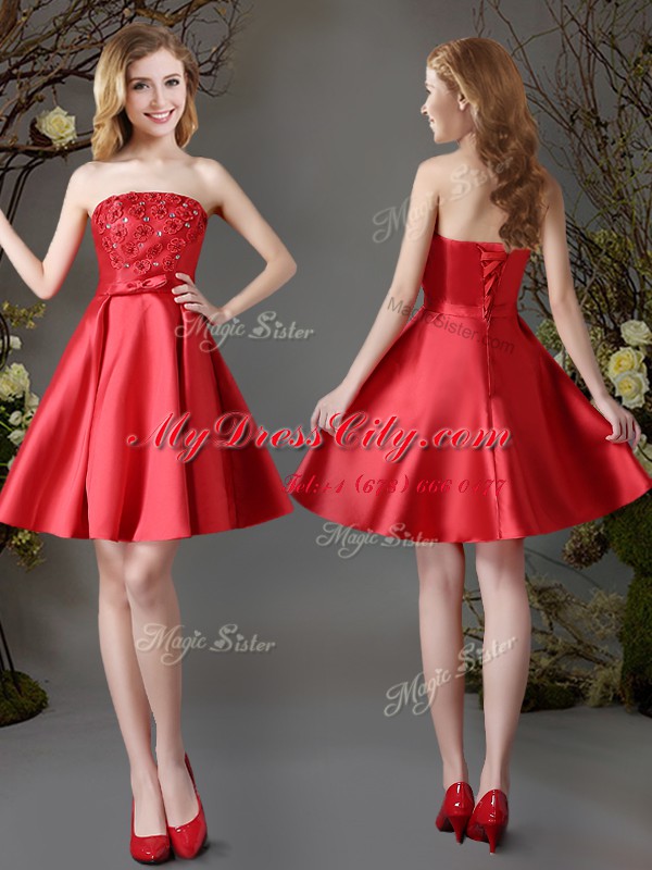 Red Satin Lace Up Wedding Guest Dresses Sleeveless Mini Length Appliques and Bowknot