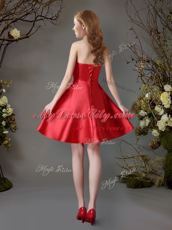 Red Satin Lace Up Wedding Guest Dresses Sleeveless Mini Length Appliques and Bowknot