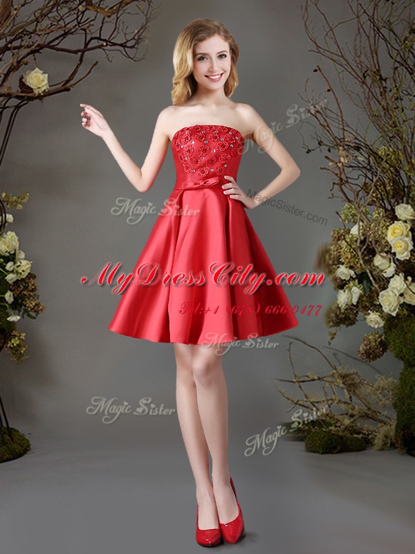 Red Satin Lace Up Wedding Guest Dresses Sleeveless Mini Length Appliques and Bowknot