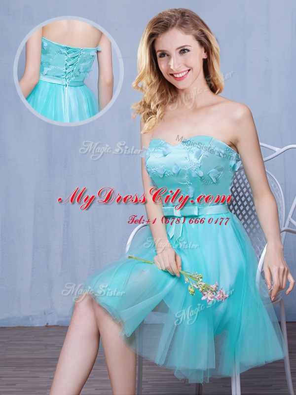 Affordable Sleeveless Knee Length Lace and Appliques and Bowknot Lace Up Dama Dress for Quinceanera with Aqua Blue