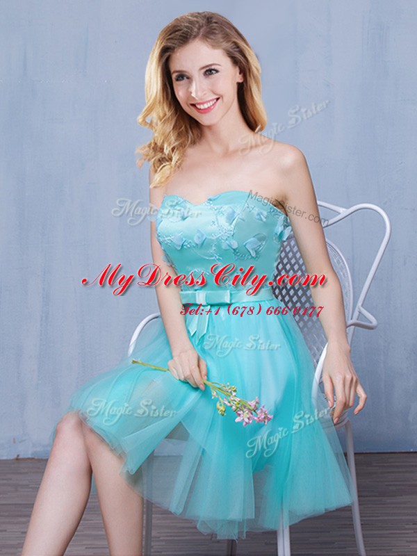 Affordable Sleeveless Knee Length Lace and Appliques and Bowknot Lace Up Dama Dress for Quinceanera with Aqua Blue