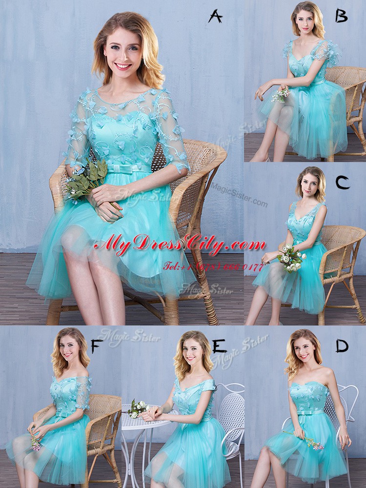 Affordable Sleeveless Knee Length Lace and Appliques and Bowknot Lace Up Dama Dress for Quinceanera with Aqua Blue