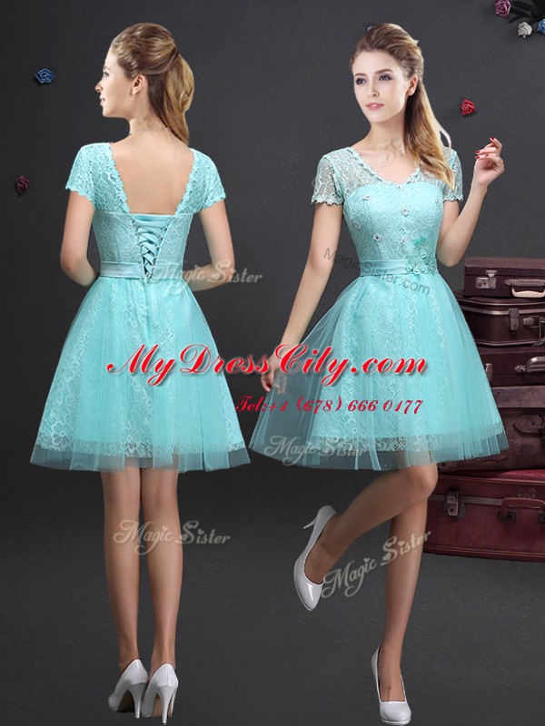 Aqua Blue Short Sleeves Mini Length Lace and Appliques and Belt Lace Up Wedding Party Dress