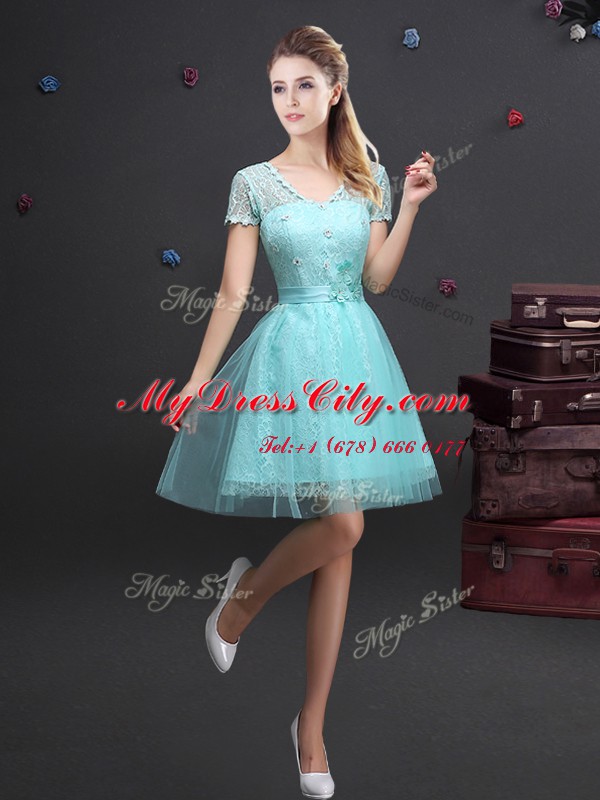 Aqua Blue Short Sleeves Mini Length Lace and Appliques and Belt Lace Up Wedding Party Dress