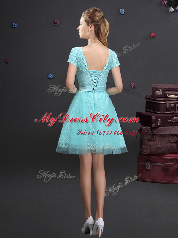 Aqua Blue Short Sleeves Mini Length Lace and Appliques and Belt Lace Up Wedding Party Dress