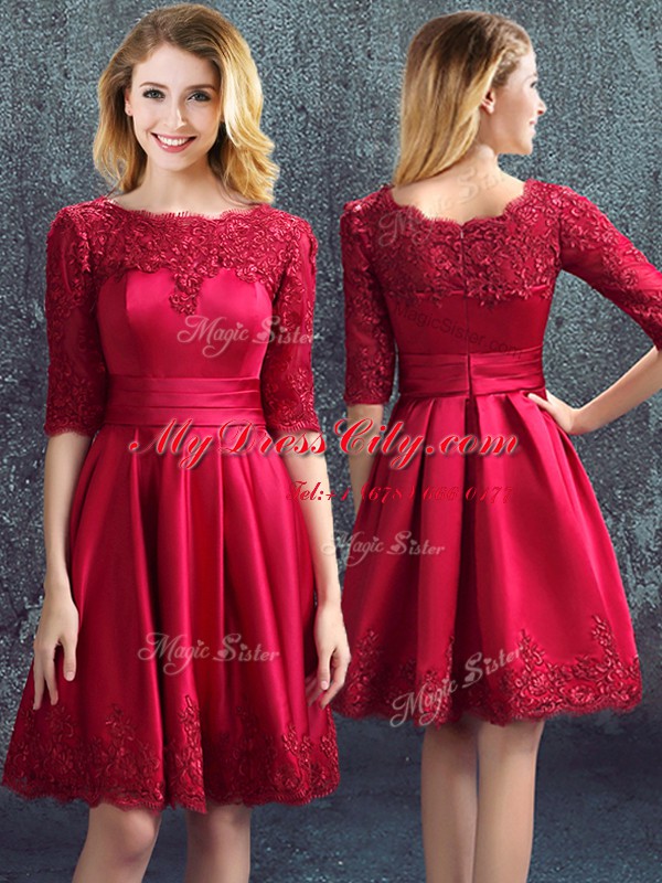 New Arrival Empire Dama Dress for Quinceanera Wine Red Bateau Satin Half Sleeves Mini Length Zipper