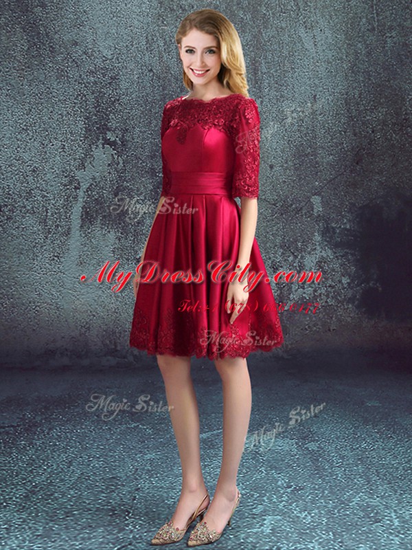 New Arrival Empire Dama Dress for Quinceanera Wine Red Bateau Satin Half Sleeves Mini Length Zipper