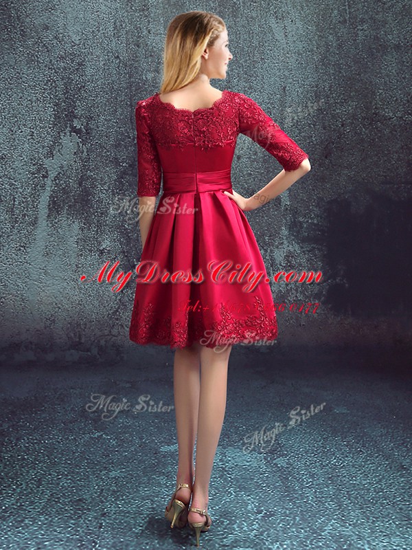 New Arrival Empire Dama Dress for Quinceanera Wine Red Bateau Satin Half Sleeves Mini Length Zipper