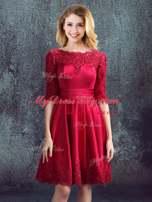 New Arrival Empire Dama Dress for Quinceanera Wine Red Bateau Satin Half Sleeves Mini Length Zipper