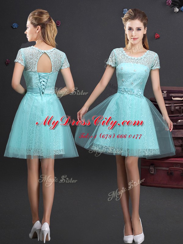 Sleeveless Lace Up Mini Length Beading and Lace and Appliques and Belt Dama Dress for Quinceanera