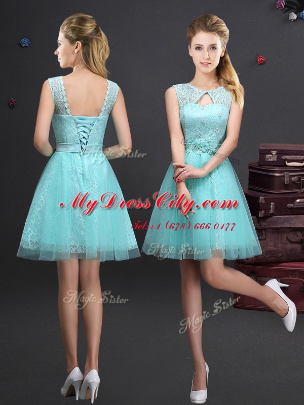 Sleeveless Lace Up Mini Length Beading and Lace and Appliques and Belt Dama Dress for Quinceanera