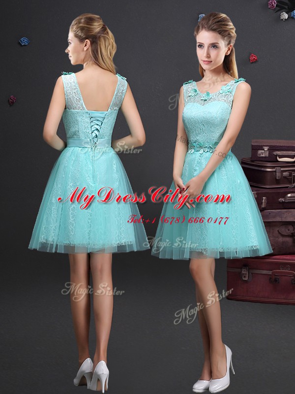 Sleeveless Lace Up Mini Length Beading and Lace and Appliques and Belt Dama Dress for Quinceanera