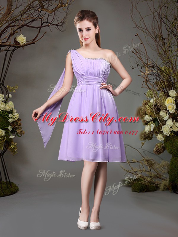 One Shoulder Sleeveless Chiffon Mini Length Zipper Court Dresses for Sweet 16 in Lavender with Beading and Ruching