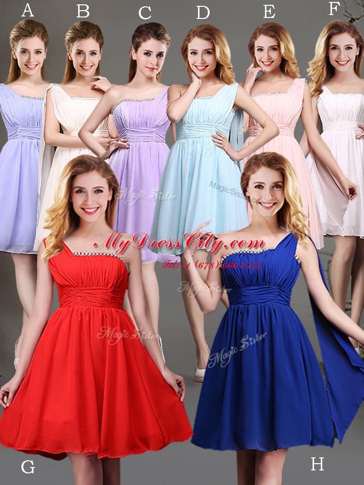 One Shoulder Sleeveless Chiffon Mini Length Zipper Court Dresses for Sweet 16 in Lavender with Beading and Ruching