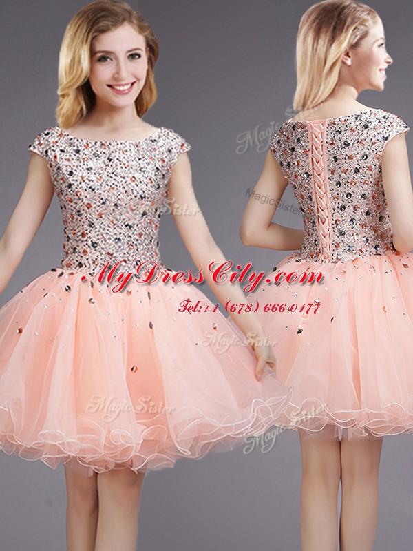 Mini Length Pink Damas Dress Organza Cap Sleeves Beading and Sequins