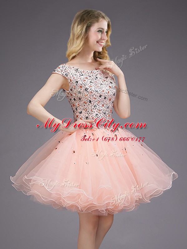 Mini Length Pink Damas Dress Organza Cap Sleeves Beading and Sequins