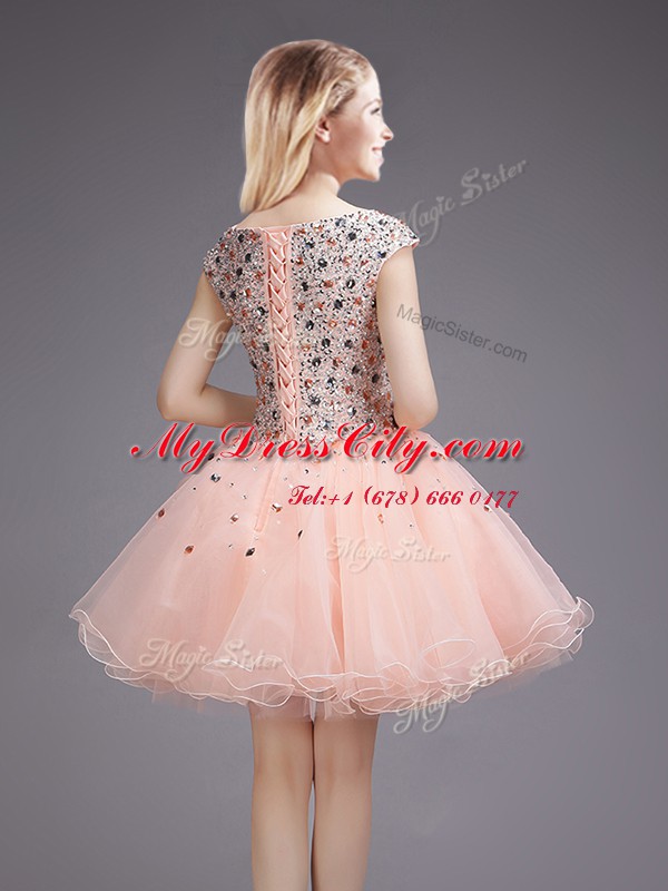 Mini Length Pink Damas Dress Organza Cap Sleeves Beading and Sequins