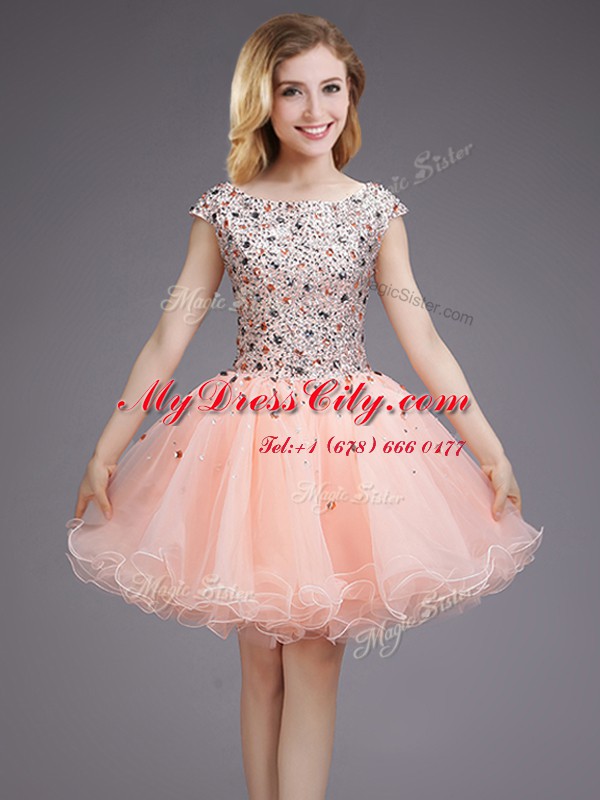 Mini Length Pink Damas Dress Organza Cap Sleeves Beading and Sequins