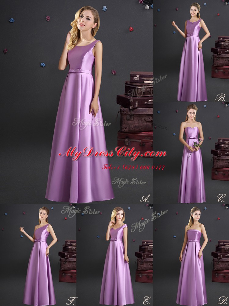 Custom Design Square Sleeveless Elastic Woven Satin Floor Length Zipper Vestidos de Damas in Lilac with Bowknot