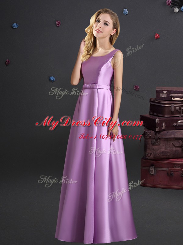 Custom Design Square Sleeveless Elastic Woven Satin Floor Length Zipper Vestidos de Damas in Lilac with Bowknot