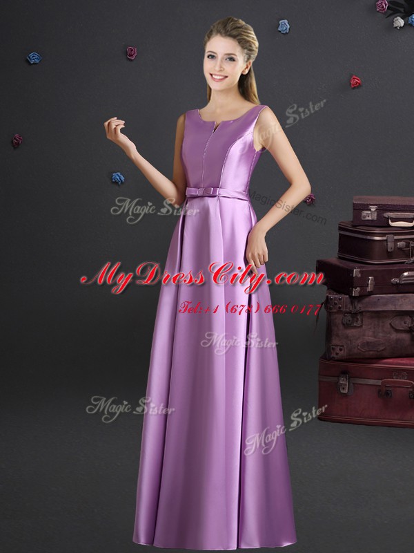 Custom Design Square Sleeveless Elastic Woven Satin Floor Length Zipper Vestidos de Damas in Lilac with Bowknot