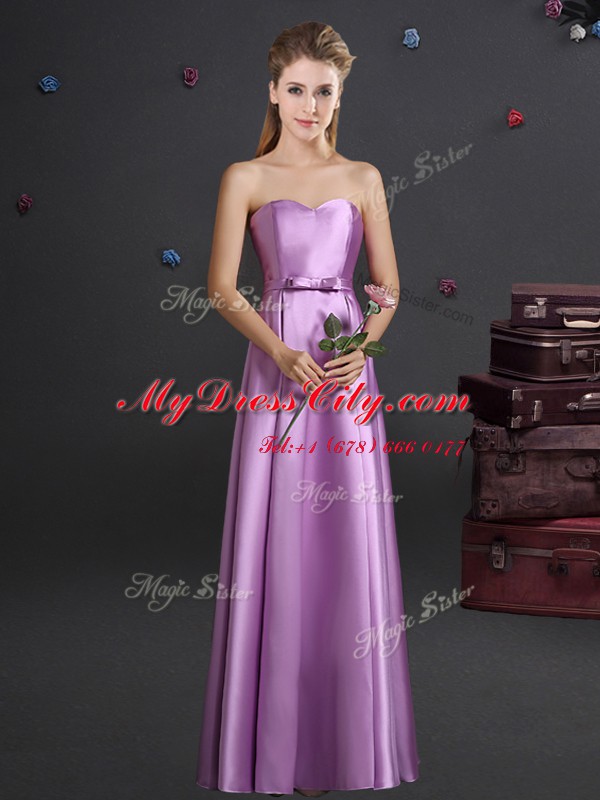 Custom Design Square Sleeveless Elastic Woven Satin Floor Length Zipper Vestidos de Damas in Lilac with Bowknot