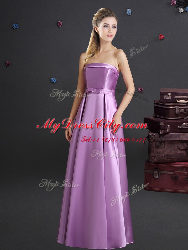 Custom Design Square Sleeveless Elastic Woven Satin Floor Length Zipper Vestidos de Damas in Lilac with Bowknot