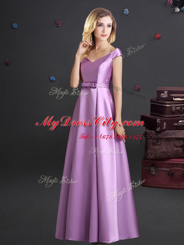 Custom Design Square Sleeveless Elastic Woven Satin Floor Length Zipper Vestidos de Damas in Lilac with Bowknot