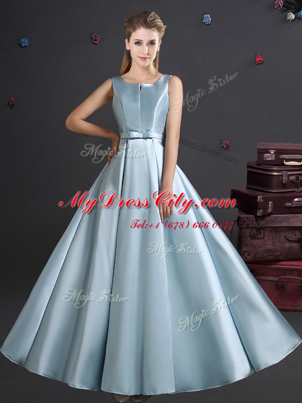 Straps Light Blue Elastic Woven Satin Zipper Wedding Guest Dresses Sleeveless Floor Length Bowknot