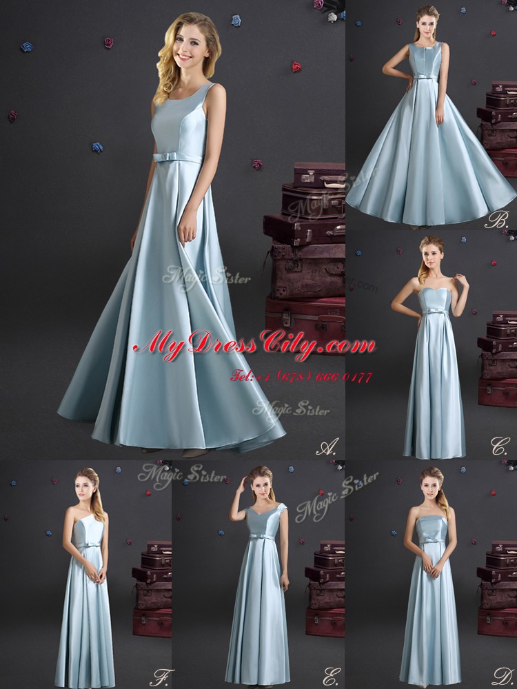 Straps Light Blue Elastic Woven Satin Zipper Wedding Guest Dresses Sleeveless Floor Length Bowknot