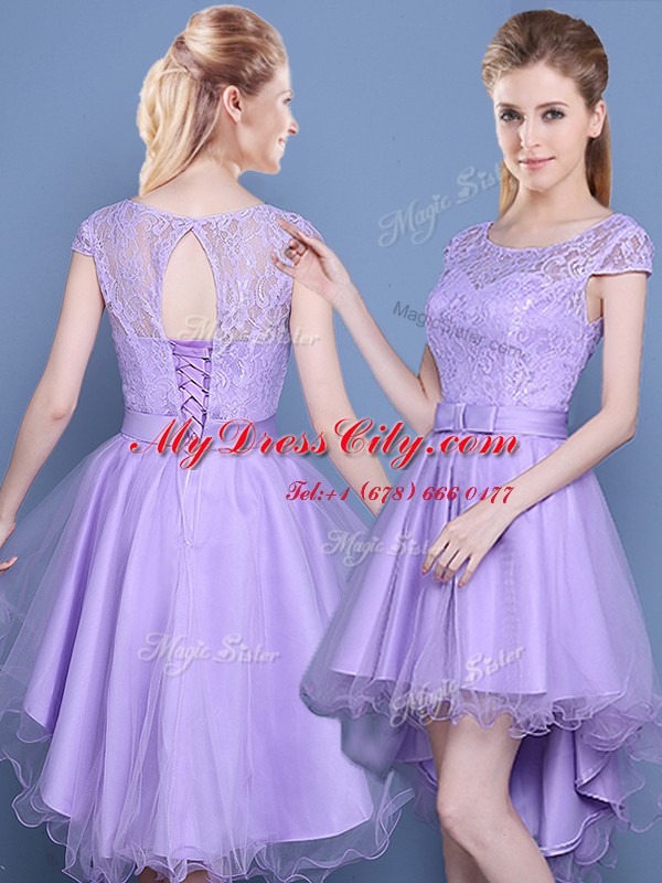 Scoop Cap Sleeves Lace Up High Low Lace Bridesmaid Dresses