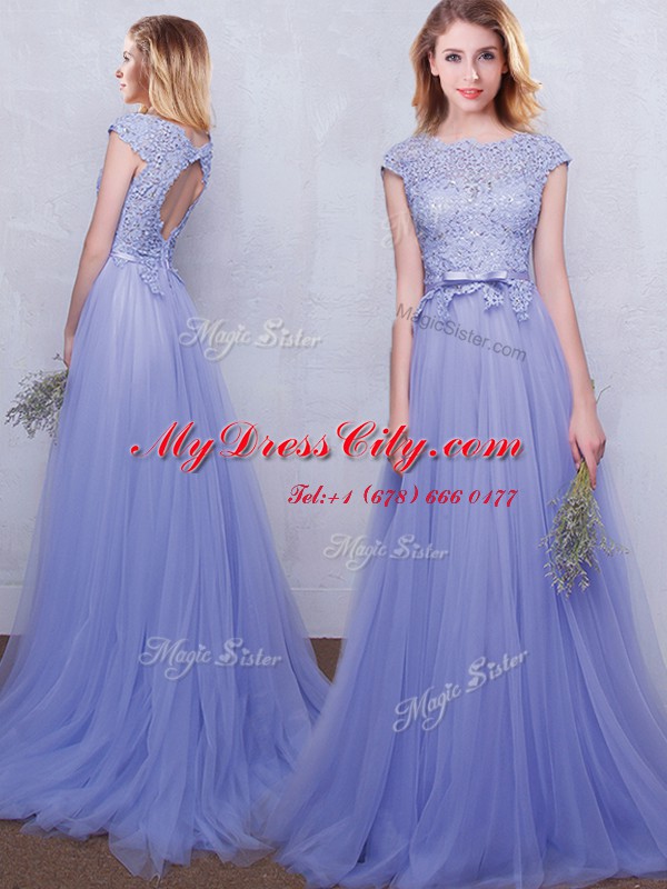 Smart With Train Lavender Quinceanera Court of Honor Dress Scoop Cap Sleeves Brush Train Backless