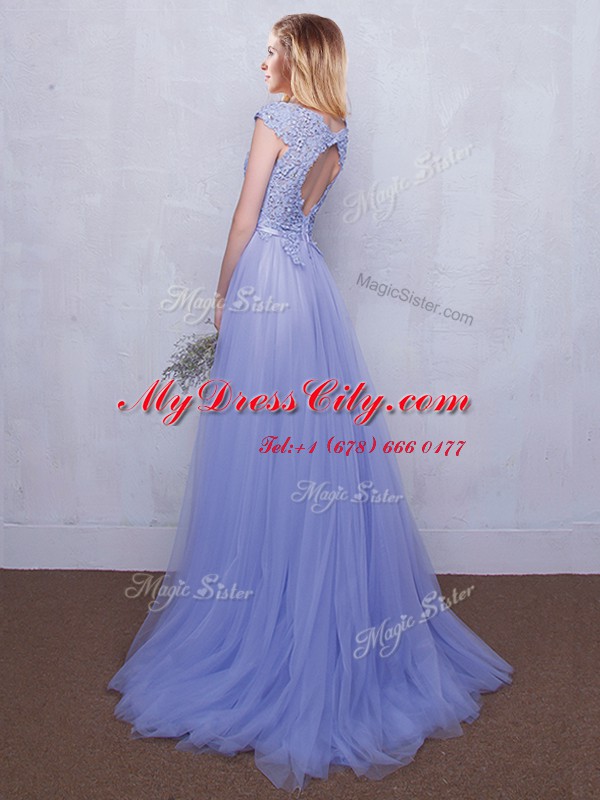 Smart With Train Lavender Quinceanera Court of Honor Dress Scoop Cap Sleeves Brush Train Backless