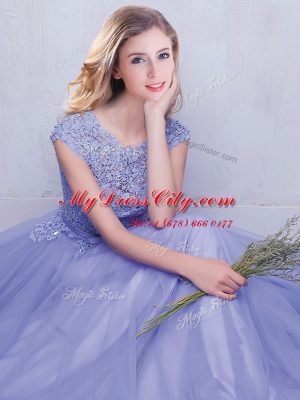 Smart With Train Lavender Quinceanera Court of Honor Dress Scoop Cap Sleeves Brush Train Backless