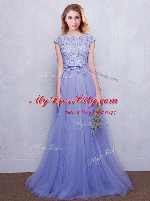 Smart With Train Lavender Quinceanera Court of Honor Dress Scoop Cap Sleeves Brush Train Backless