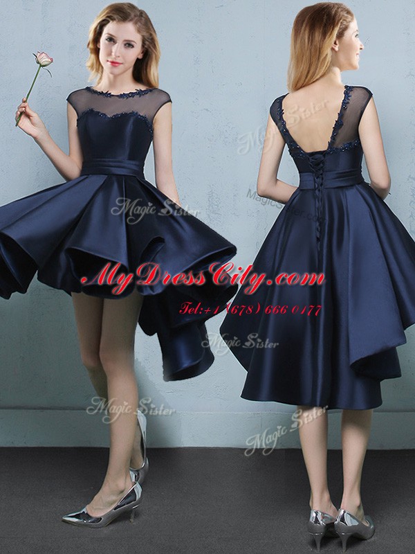 Excellent Navy Blue A-line Bateau Cap Sleeves Satin High Low Lace Up Appliques Quinceanera Dama Dress