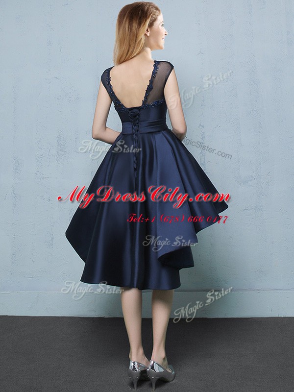 Excellent Navy Blue A-line Bateau Cap Sleeves Satin High Low Lace Up Appliques Quinceanera Dama Dress