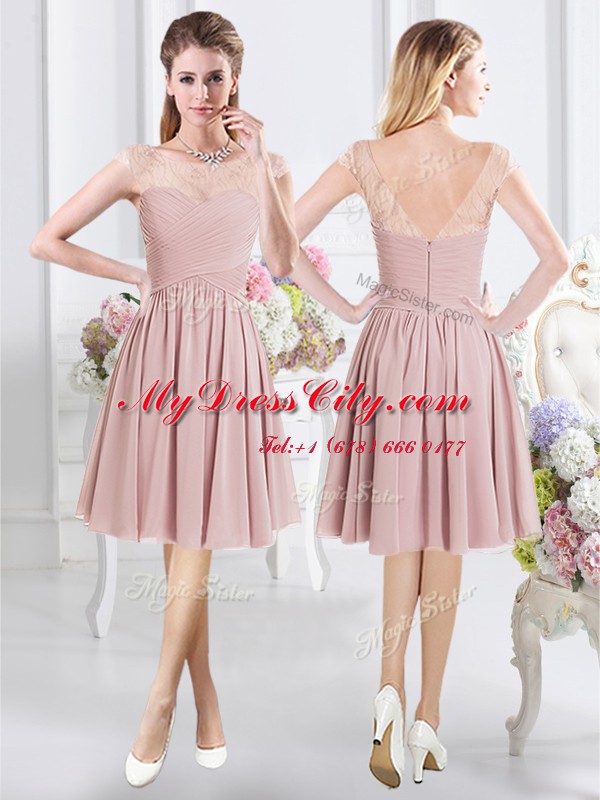 Chiffon Scoop Cap Sleeves Zipper Lace and Ruching Wedding Party Dress in Pink