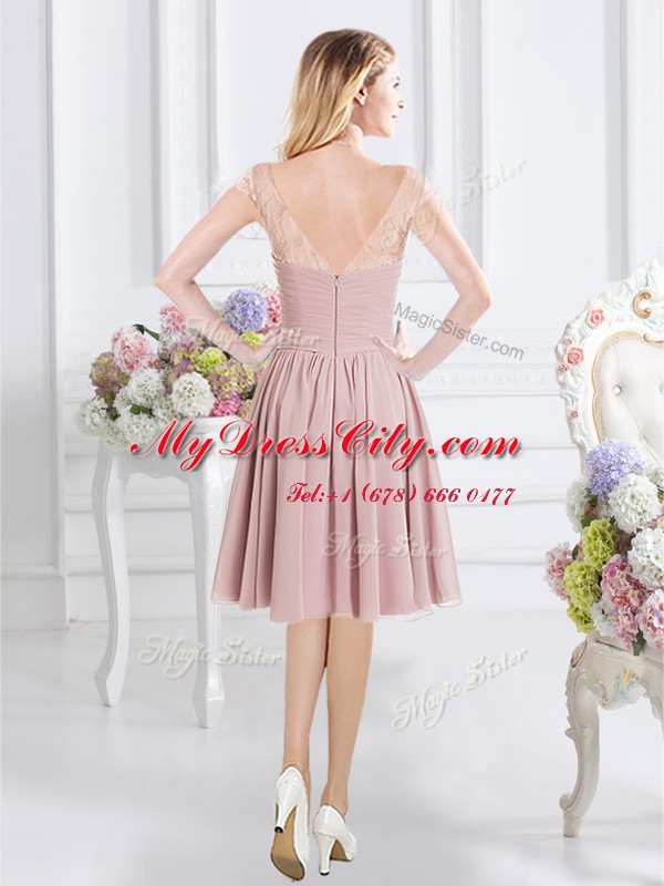 Chiffon Scoop Cap Sleeves Zipper Lace and Ruching Wedding Party Dress in Pink