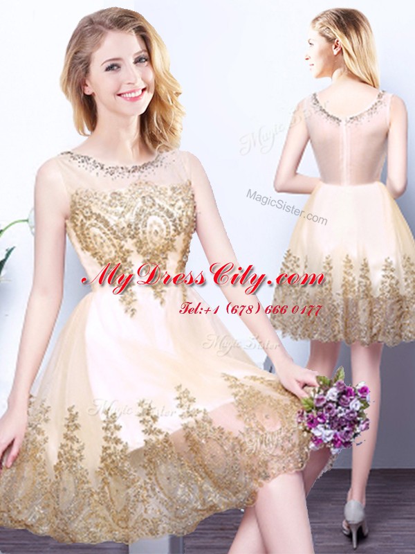 Excellent Scoop Mini Length Zipper Dama Dress Champagne for Prom and Party and Wedding Party with Beading