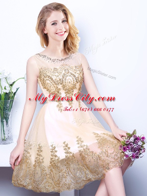 Excellent Scoop Mini Length Zipper Dama Dress Champagne for Prom and Party and Wedding Party with Beading