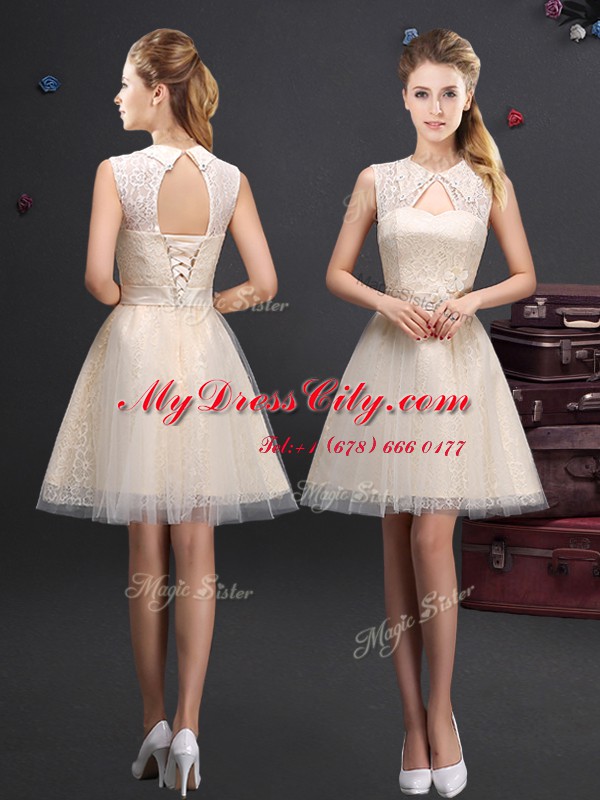 Champagne Lace Up High-neck Lace and Appliques and Belt Court Dresses for Sweet 16 Tulle Sleeveless