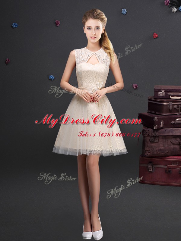 Champagne Lace Up High-neck Lace and Appliques and Belt Court Dresses for Sweet 16 Tulle Sleeveless