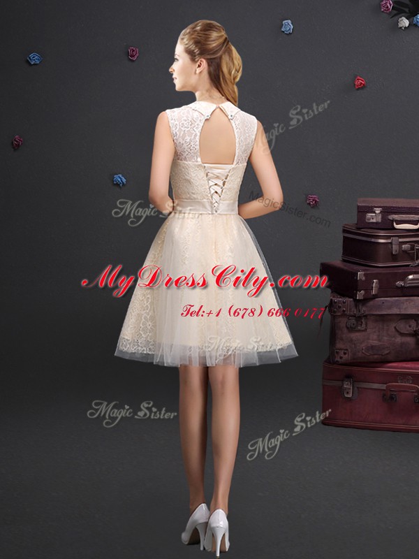 Champagne Lace Up High-neck Lace and Appliques and Belt Court Dresses for Sweet 16 Tulle Sleeveless